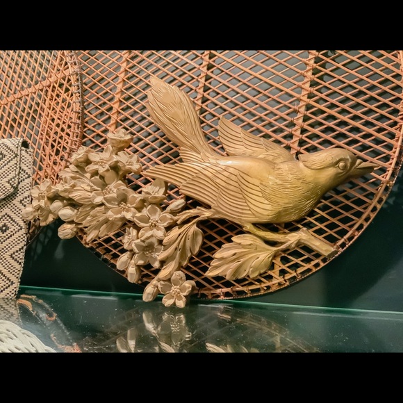 SOLD Vintage Faux Brass Bird Floral Wall Hanging - Picture 1 of 4